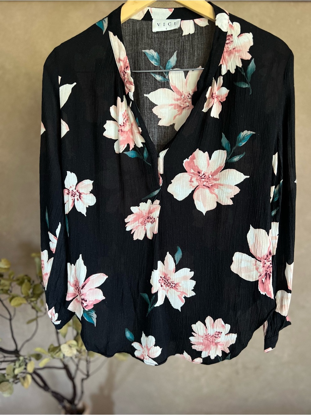 VICI Black Blouse with Pink Floral Print